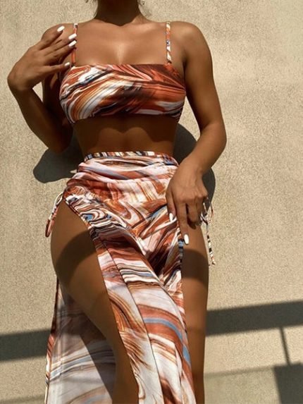 Women's Ssplit Swimsuit Wave Pattern Sexy Pleated Three-piece Bikini Long Skirt