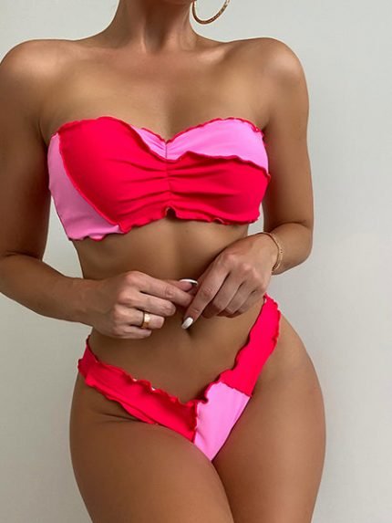 New Rose Red Stitching Wrapped Sexy High Waist Bikini